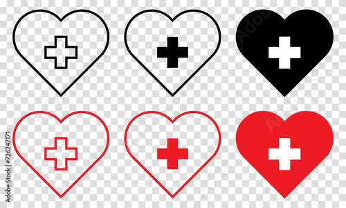 Heart shapes with cross inside. Medical care concept. Vector illustration isolated on transparent background