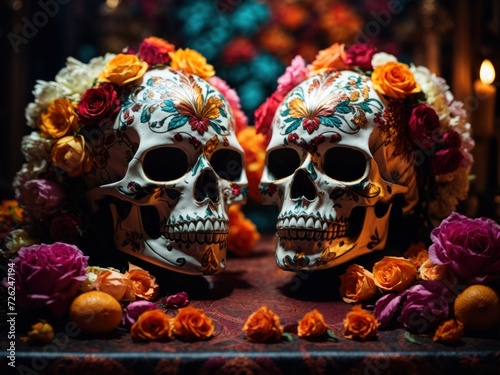 dia de muertos two skulls decorated with flowers in the background. Generative AI