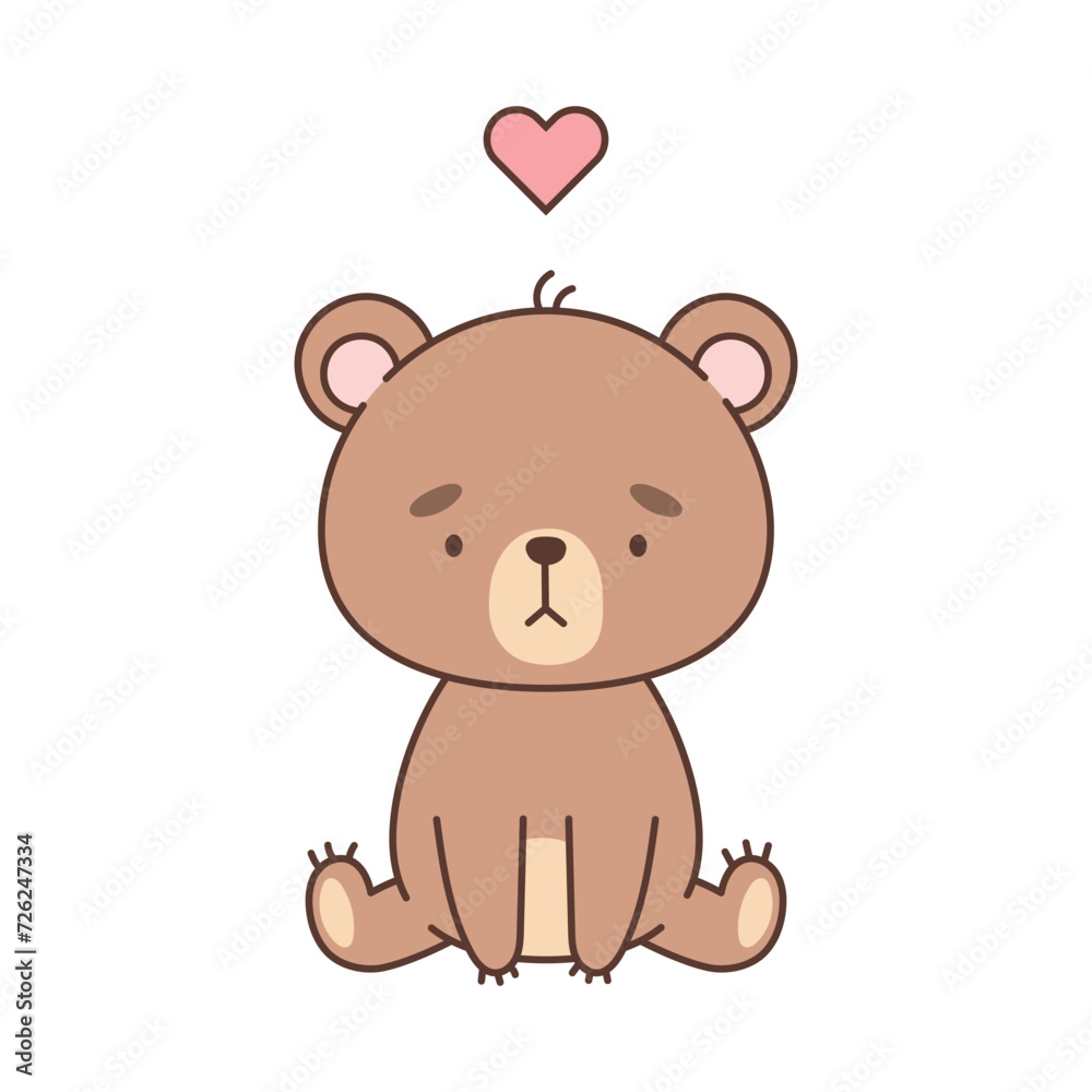 Cute sitting bear cub with heart over it. Cute animals in kawaii style. Drawings for children. Isolated vector illustration Cute sitting bear cub with heart over it. Cute animals in kawaii style. Drawings for children. Isolated vector illustration