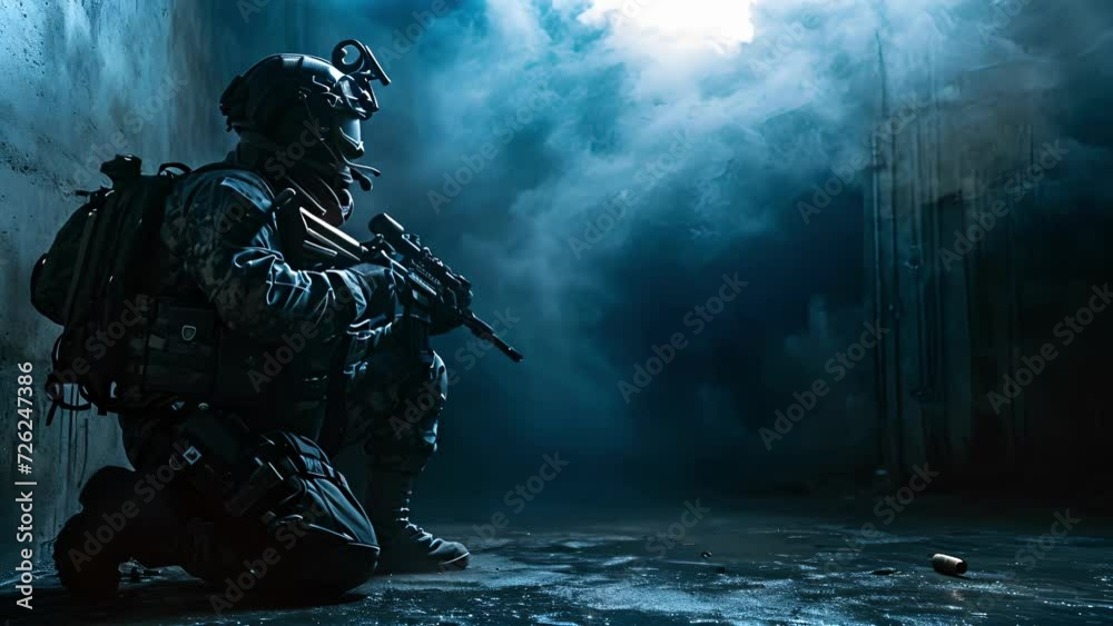 The SWAT team member stands in a stealthy crouch, his gear blending seamlessly into the dark surroundings. The SWAT team member stands in a stealthy crouch, his gear blending seamlessly into the dark surroundings.