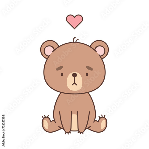 Cute sitting bear cub with heart over it. Cute animals in kawaii style. Drawings for children. Isolated vector illustration
