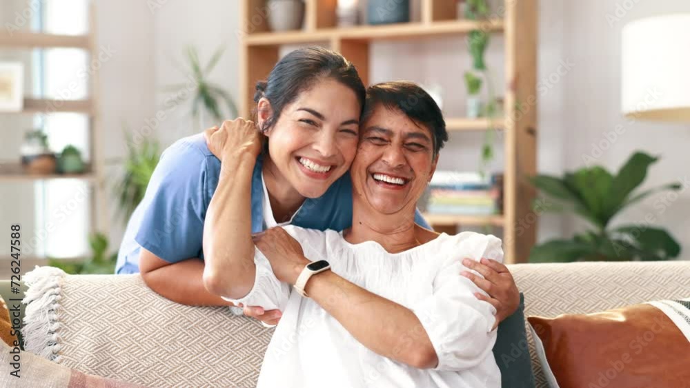 Hug, support or face of nurse with patient for healthcare, wellness and service in retirement. Smile, love or happy caregiver helping a senior female person on couch for medical advice and nursing
