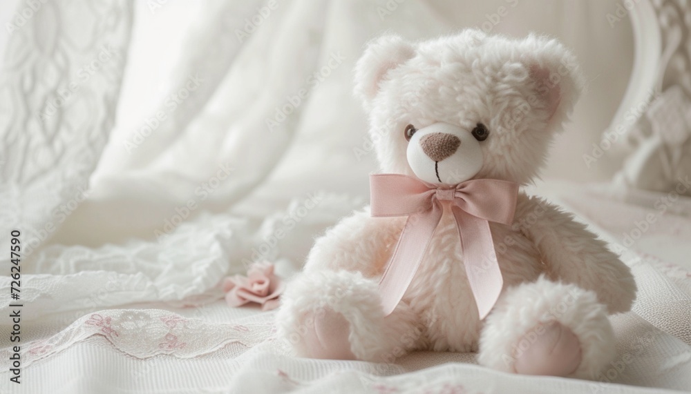 A detailed image capturing the elegance of a white and pink teddy bear adorned with a satin bow, its plush demeanor standing out against a pristine white setting