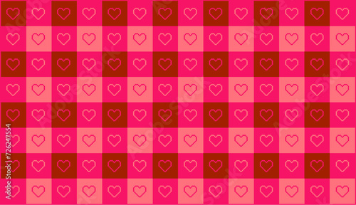 Valentines day checkered pattern background with pixel art hearts. No type. Outline, Vector illustration, in black and white, red, hot pink, pastel