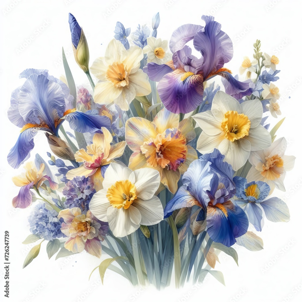 Elegant bouquet of irises and daffodils in watercolor on a white background. Spring Festival.
