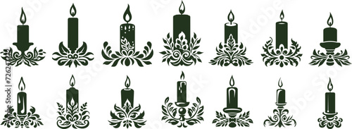 Set of Christmas candle with pine and berry brunches black vector.  photo