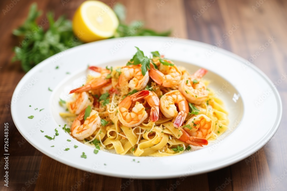 shrimp scampi over pasta with parsley garnish