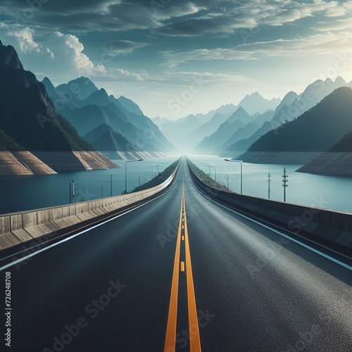 pavement asphalt road view leads to the horizon at Pasak Chonlasit Dam in Lopburi, Thailand