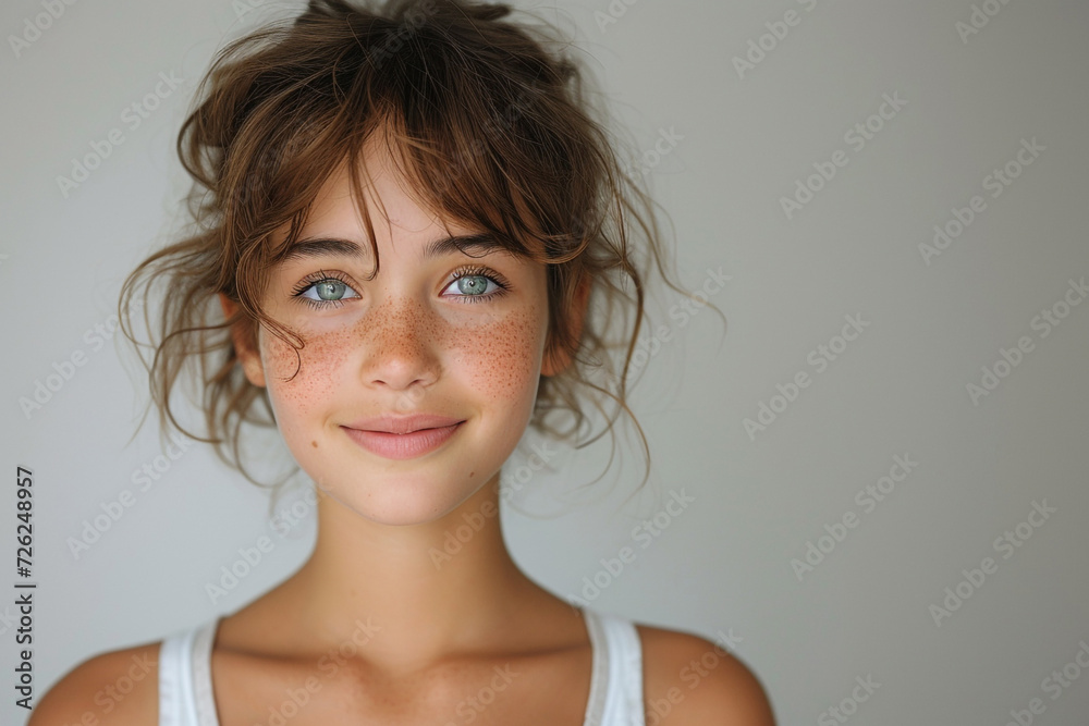 A joyful brunette woman with long hair and a beautiful smile, posing in a studio for a close-up portrait capturing the happiness and beauty of her expression A joyful brunette woman with long hair and a beautiful smile, posing in a studio for a close-up portrait capturing the happiness and beauty of her expression