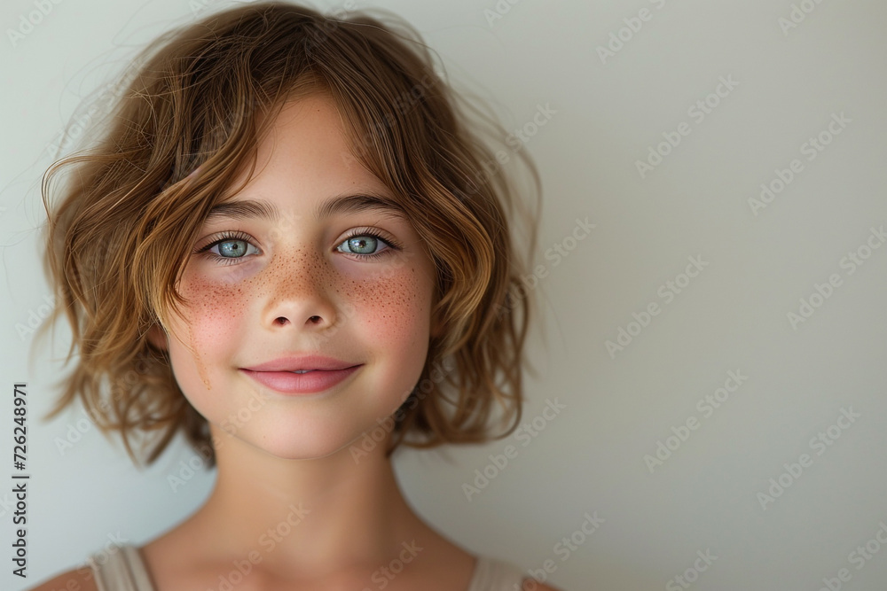 Smiling Beauty: Portrait capturing the happiness and innocence of a cute girl, showcasing the joy of childhood with a radiant smile and expressive eyes in a studio setting Smiling Beauty: Portrait capturing the happiness and innocence of a cute girl, showcasing the joy of childhood with a radiant smile and expressive eyes in a studio setting