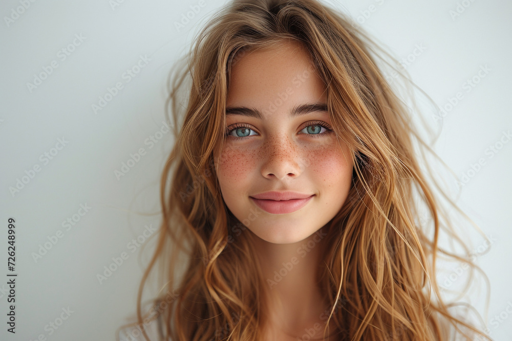 A close-up studio portrait capturing the natural beauty and happiness of a smiling teenage woman with brunette hair A close-up studio portrait capturing the natural beauty and happiness of a smiling teenage woman with brunette hair