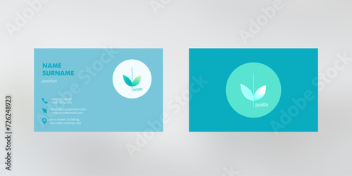 Vector business card design with blue background and leaf logo, visiting card template, cutaway mockup, calling card ready for printing, identification card with icons for contact information photo