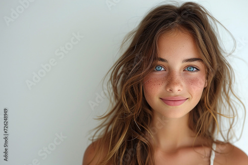 A smiling brunette woman with a cute expression, showcasing her beauty and happiness in a close-up studio portrait