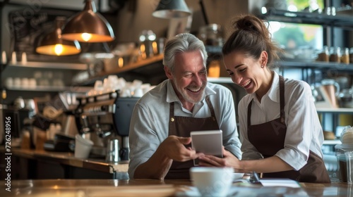 Laughing over tablet designs  manager and waitress in cafe