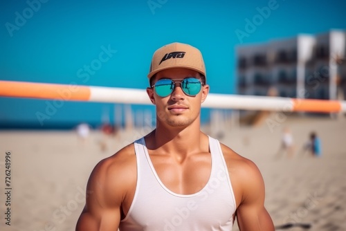 Portrait of a handsome young man in sunglasses and cap on the beach