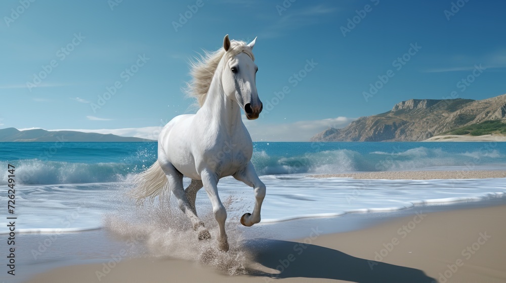 Beautiful White Horse Galloping Along the Beach

