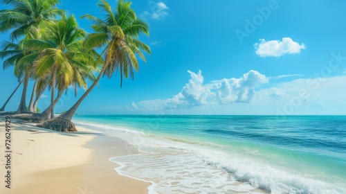 Long banner photo of beach with palm trees, tropical idyll