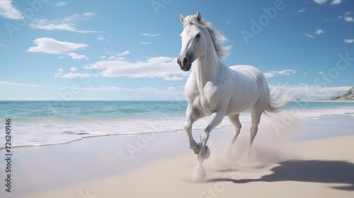 Beautiful White Horse Galloping Along the Beach  