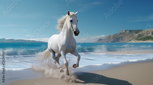 Beautiful White Horse Galloping Along the Beach