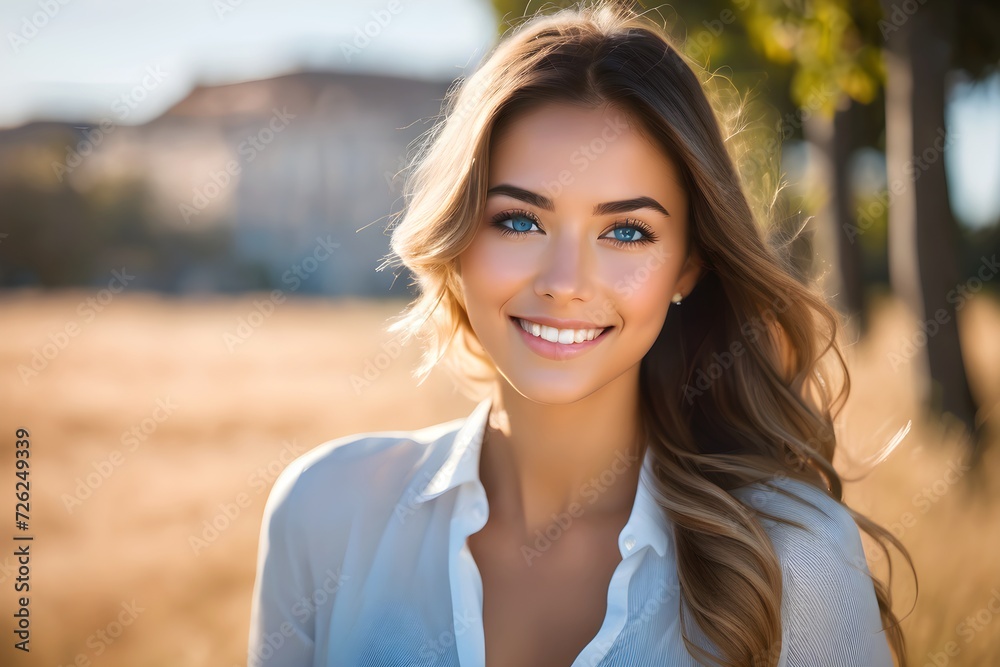 Happy young woman enjoying nature outdoors ,Enjoyment, portrait, freedom, happiness and mental health concept Happy young woman enjoying nature outdoors ,Enjoyment, portrait, freedom, happiness and mental health concept