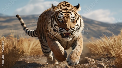 Bengal Tiger Running Across the Vast Plains