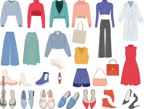 set of women's shoes and clothes, on a white background vector
