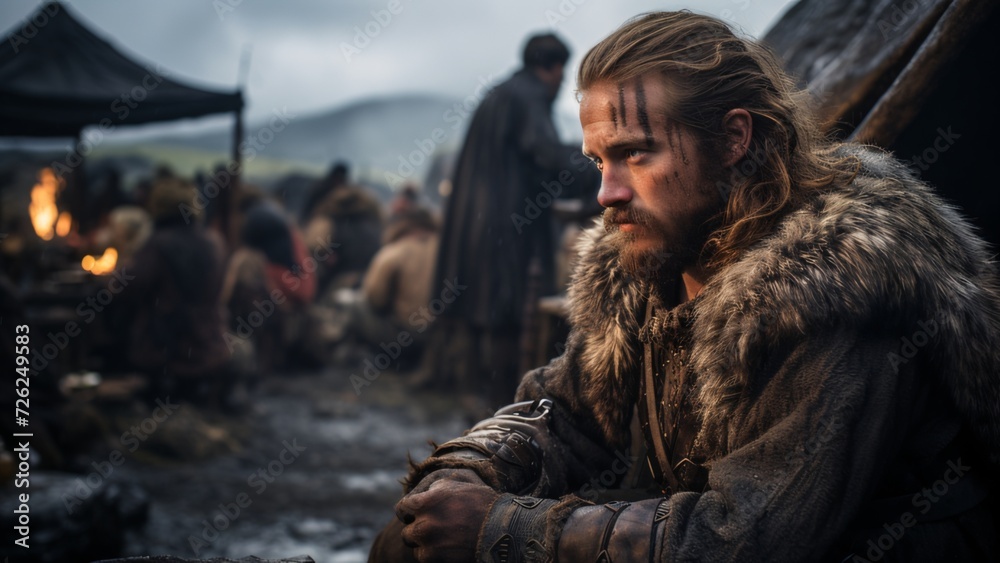 Viking Warriors Prepare for Battle: Norsemen in Viking Encampment - obrazy, fototapety, plakaty 