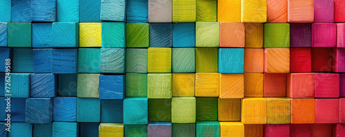 Beautiful colorful multi-colored blocks stacked in a gradient for the background. Wooden cubes for design. photo