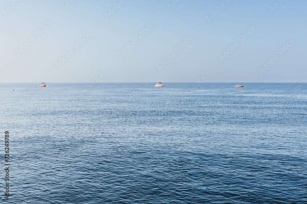 boat anchored in the sea. Mediterranean Sea. coastline and rescue boat