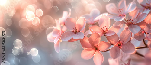 Ultra wide greeting card, combination of light pink and white flowers, blurred and cozy background