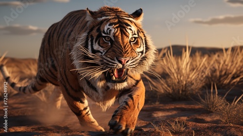 Bengal Tiger Running Across the Vast Plains