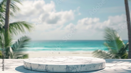 Marble podium amidst tropical sands, sea softly blurred