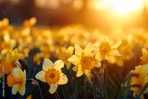 Close-up photography of a field of Daffodils under the beautiful golden morning sunlight. Spring Flowers Background.