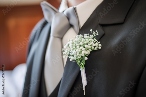 elegant boutonniere with babys breath on a choir boys formal attire photo