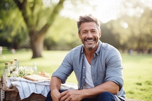 Portrait of handsome man sitting on picnic blanket in park and smiling photo