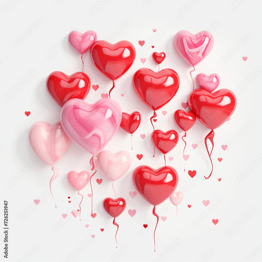 3D hearts, in shades of red and pink, on white background. When popped, the balloons splash red and pink paint on the background.