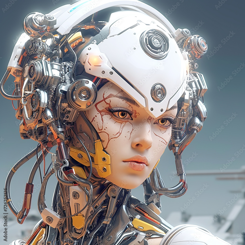 Fototapeta premium Cyber woman, robot girl, cyborg woman portrait, close-up.