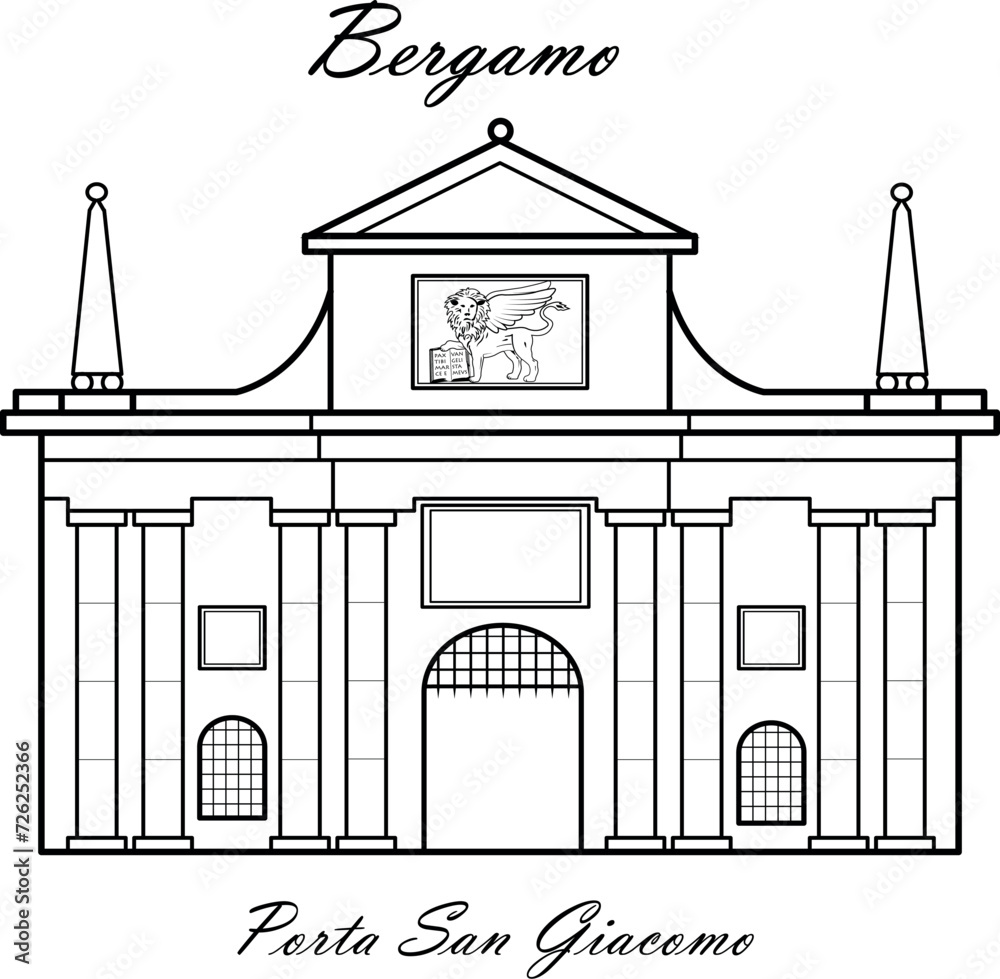Porta San Giacomo is the only gap in the Walls visible from Bergamo Bassa, made of white marble, pedestrian gate in the upper city in Bergamo, Italy. Vector illustration symbol element for web design 