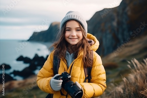 Portrait of a beautiful girl in a yellow jacket with a camera