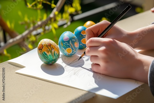 artist sketching easter eggs on sunny ledge