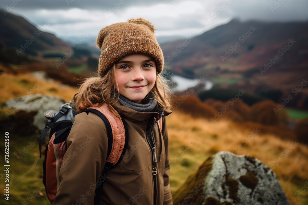 Little girl with a backpack on a hike in the English Lake District