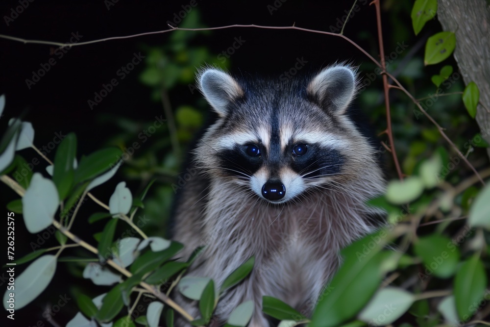raccoon at night, eyes glowing, surrounded by foliage raccoon at night, eyes glowing, surrounded by foliage