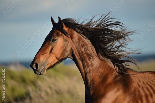 wild horse galloping, mane flying close to lens