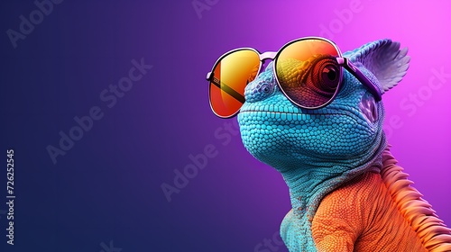 Chameleon Wearing Sunglasses on a Solid Color Background