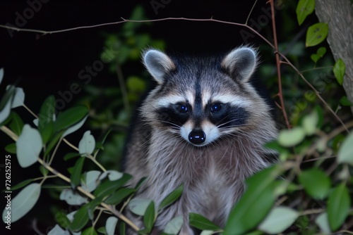 raccoon at night, eyes glowing, surrounded by foliage