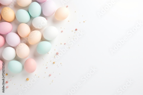 Happy easter concept. Scattered easter eggs in pastel colors on a white tabletop