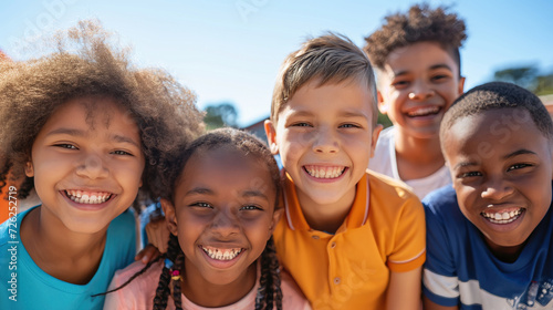 Cheerful, diverse ethnic children playing outdoors at the schoolyard