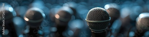 Close-up of a microphone, many microphones blurred in the background. Background panoramic banner for speakers, influencers, news, press, notice, events.