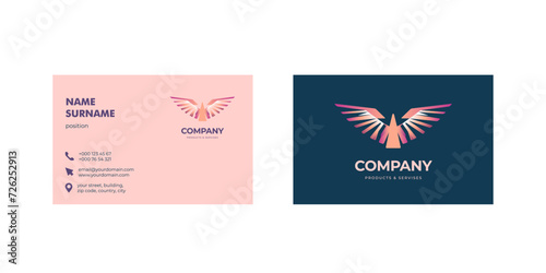 Creative vector business card design with purple color eagle bird, visiting card template, cutaway mockup, calling card ready for printing, identification card with icons for contact information