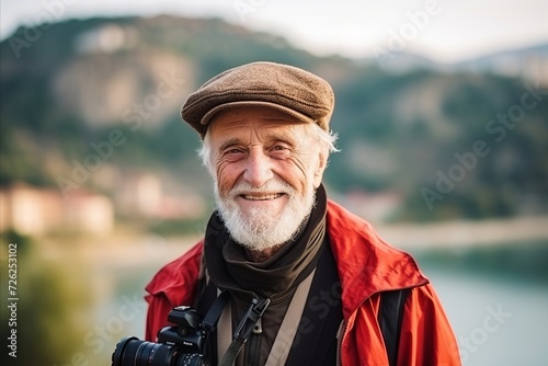 Portrait of a senior photographer with a camera on the river bank